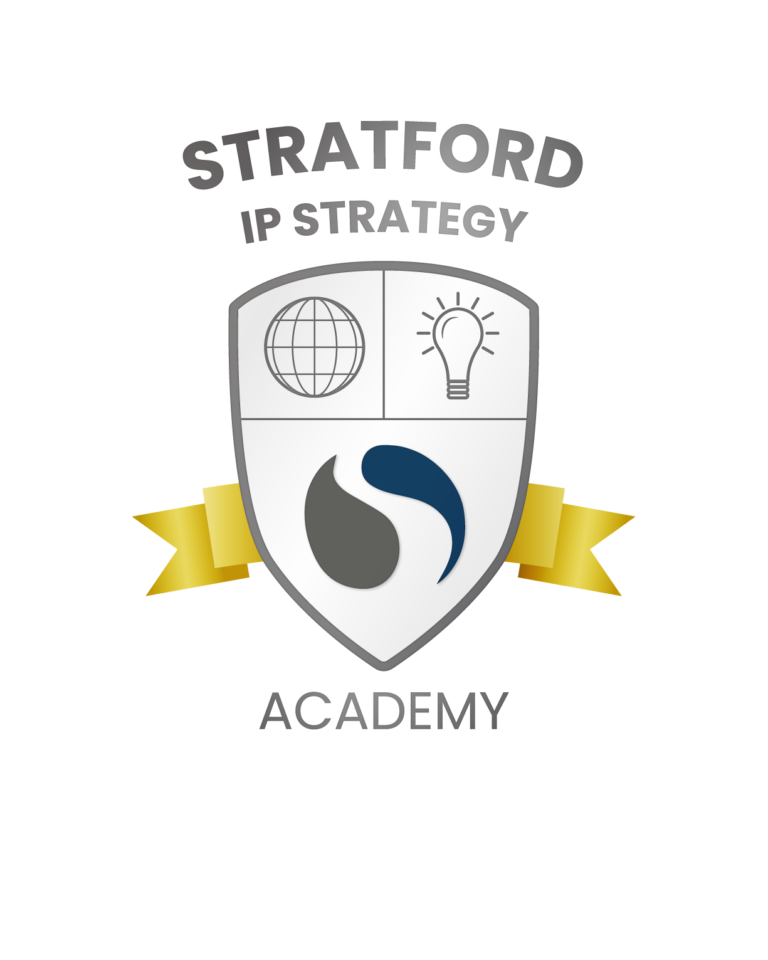 IP Strategy Academy logo - crest with a globe, a lightbulb and the Stratford orb